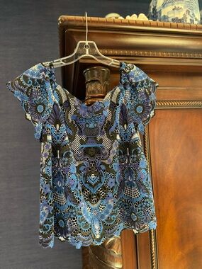 Alice + Olivia Blue and Black Floral Lace Blouse